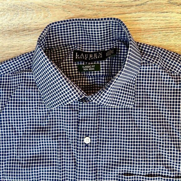 Ralph Lauren Navy Blue plaid Classic Fit Non-Iron Button Down Shirt Size 16.5 - Picture 2 of 6